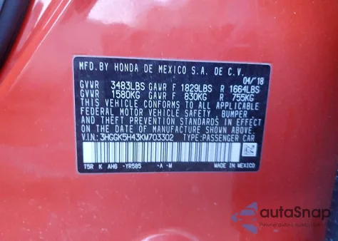 2019 Honda Fit Lx z USA, uszkodzony, nr VIN 3HGGK5H43KM703302